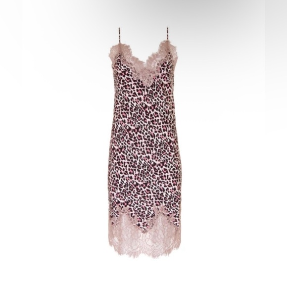 NWT Gold Hawk 100% Silk Midi Slip M Leopard Print Lace Trim Chemise  Sleeveless